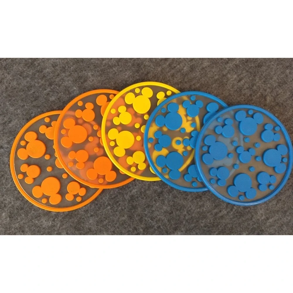 DISNEY Mickey Mouse Silicone Coasters Set/5 Mickey Ears Dots 3 Colors Stackable